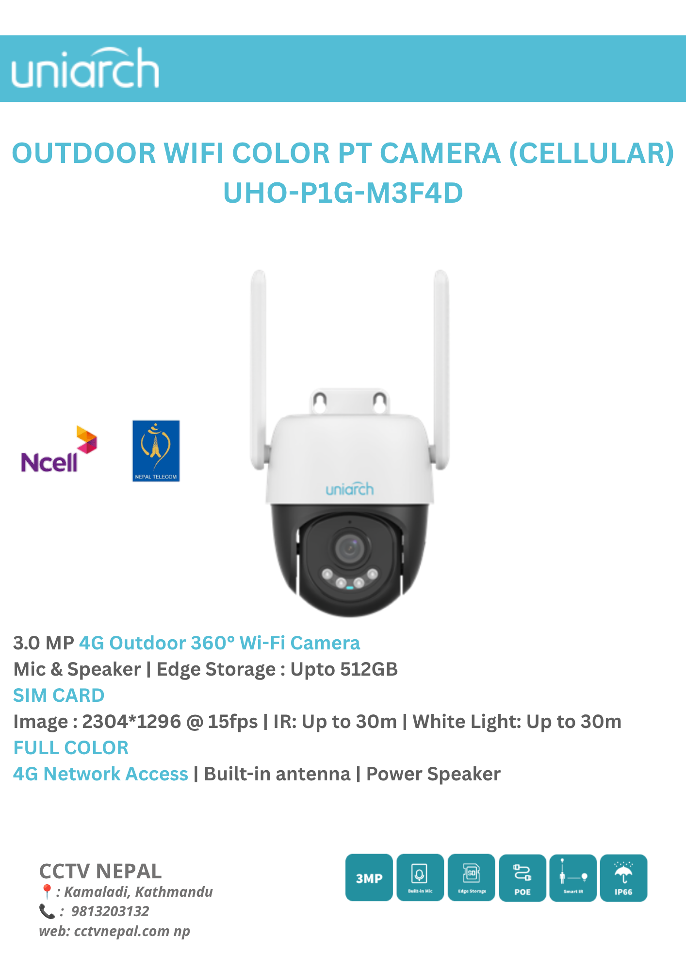 UHO-P1G-M3F4D SIM CARD Image : 2304*1296 @ 15fps | IR: Up to 30m | White Light: Up to 30m FULL COLOR Featured Image