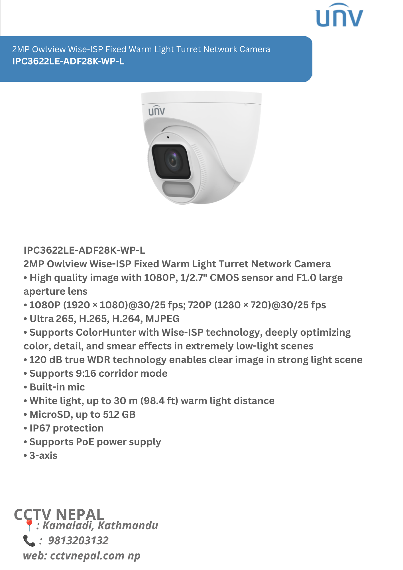 2MP Owlview Wise-ISP Fixed Warm Light Turret Network Camera  IPC3622LE-ADF28K-WP-L Featured Image