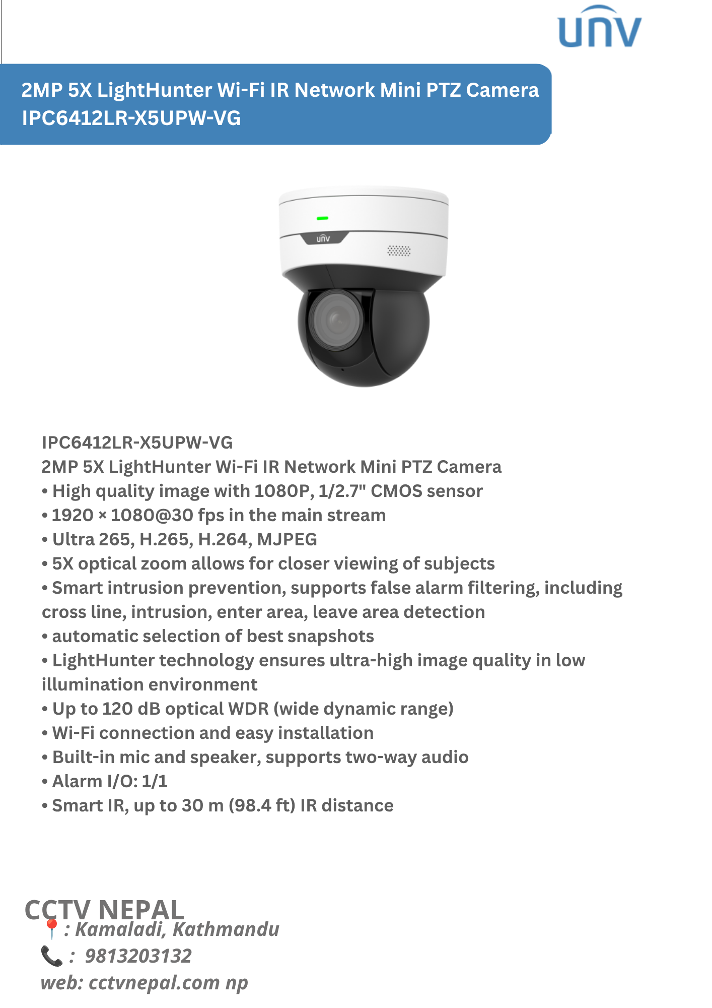 2MP 5X LightHunter Wi-Fi IR Network Mini PTZ Camera IPC6412LR-X5UPW-VG Featured Image